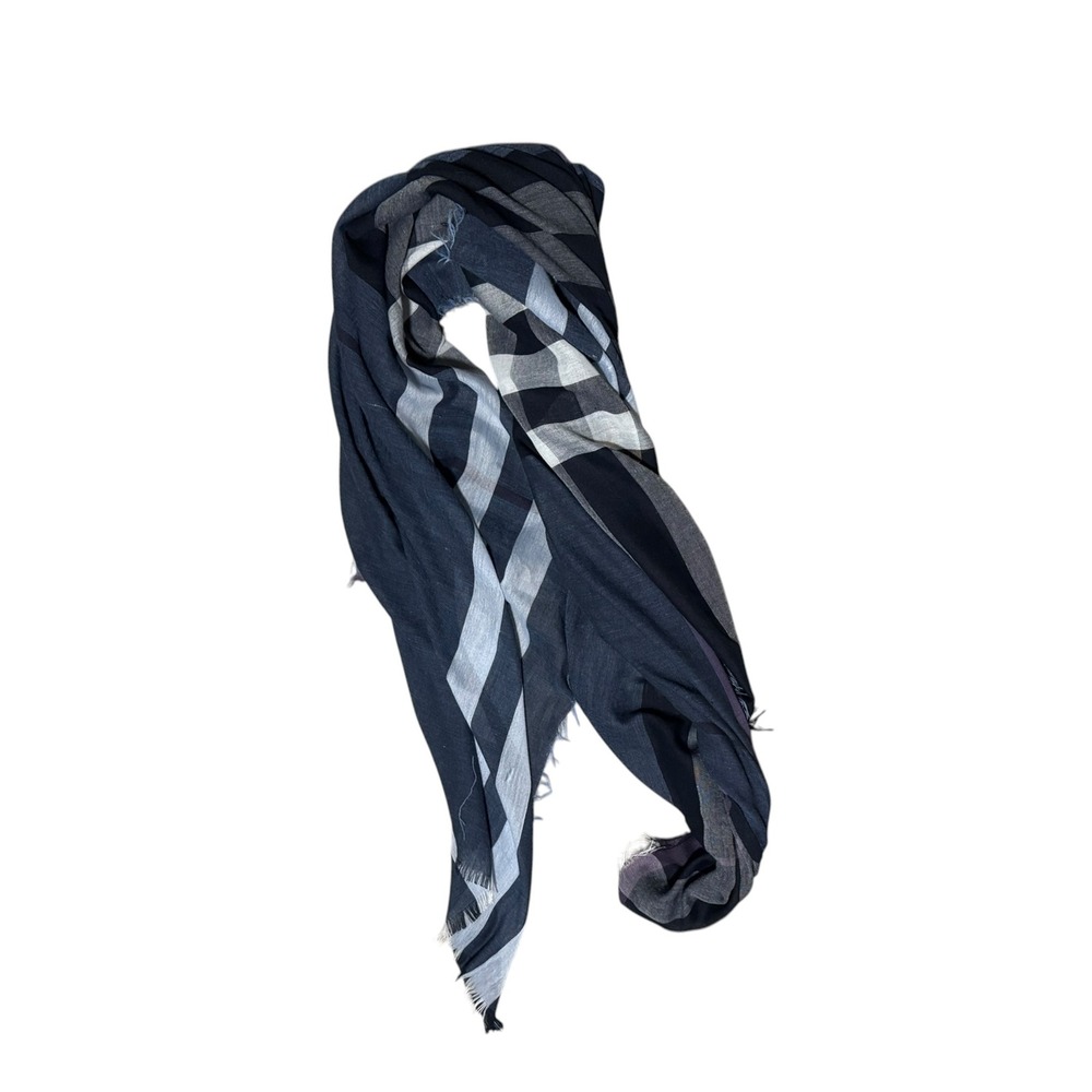 Gerry Weber‎ Navy Blue Grey Plaid Check oversized wrap shawl scarf fringe preppy